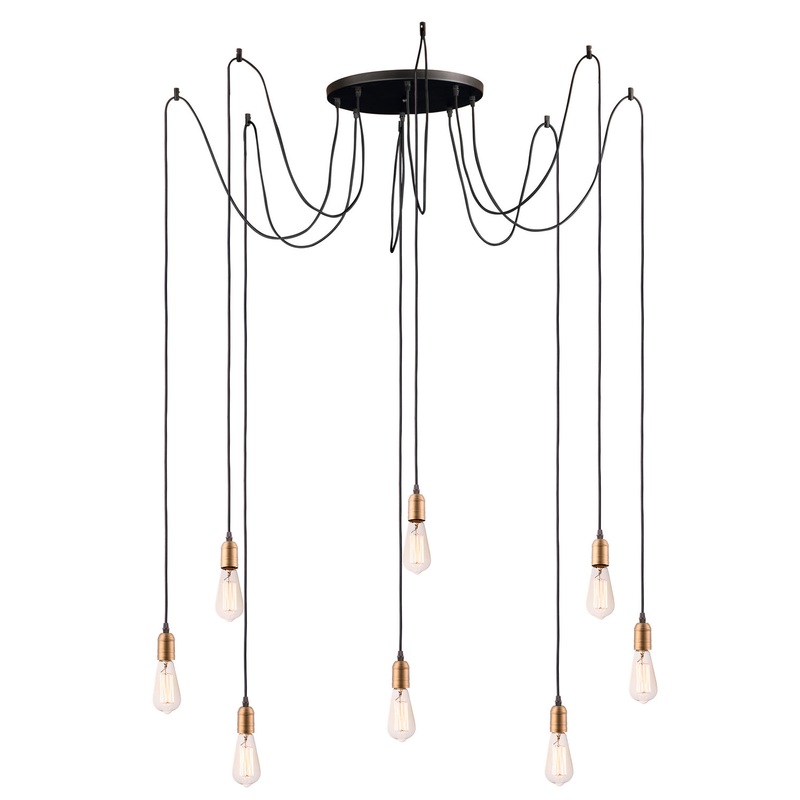 Early Electric Eight Light Pendant in Black / Antique Brass