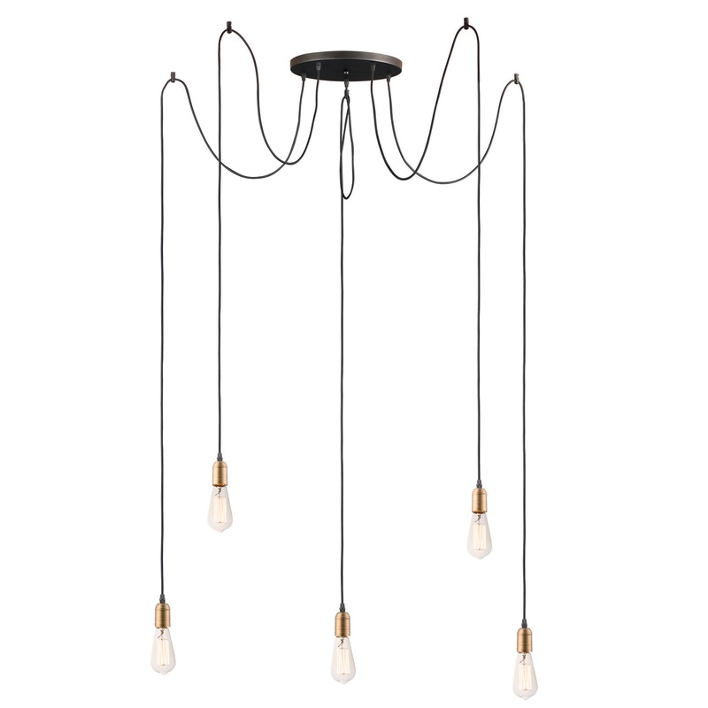 Early Electric Five Light Pendant in Black / Antique Brass