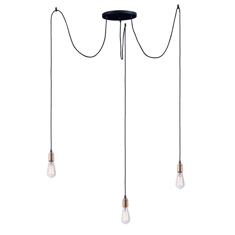 Early Electric Three Light Pendant in Black / Antique Brass