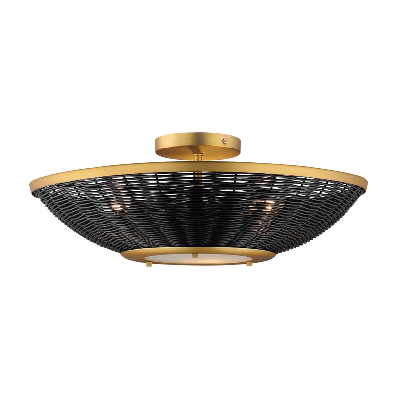 Rattan Three Light Wall Sconce/Semi Flush Mount in Natural Aged Brass