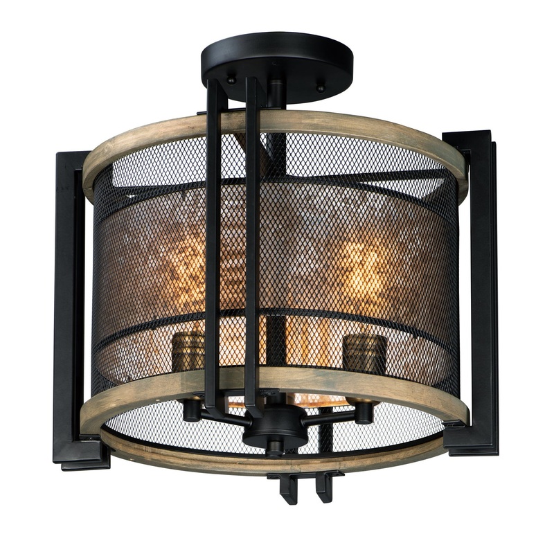 Boundry Three Light Flush Mount in Black / Barn Wood / Antique Brass