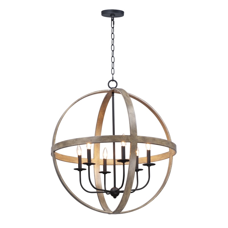 Compass Six Light Pendant in Barn Wood / Black