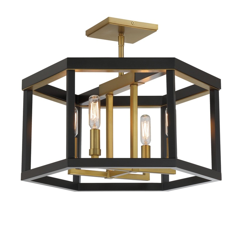 Union Estates Four Light Semi Flush Mount in Coal And Soft Brass