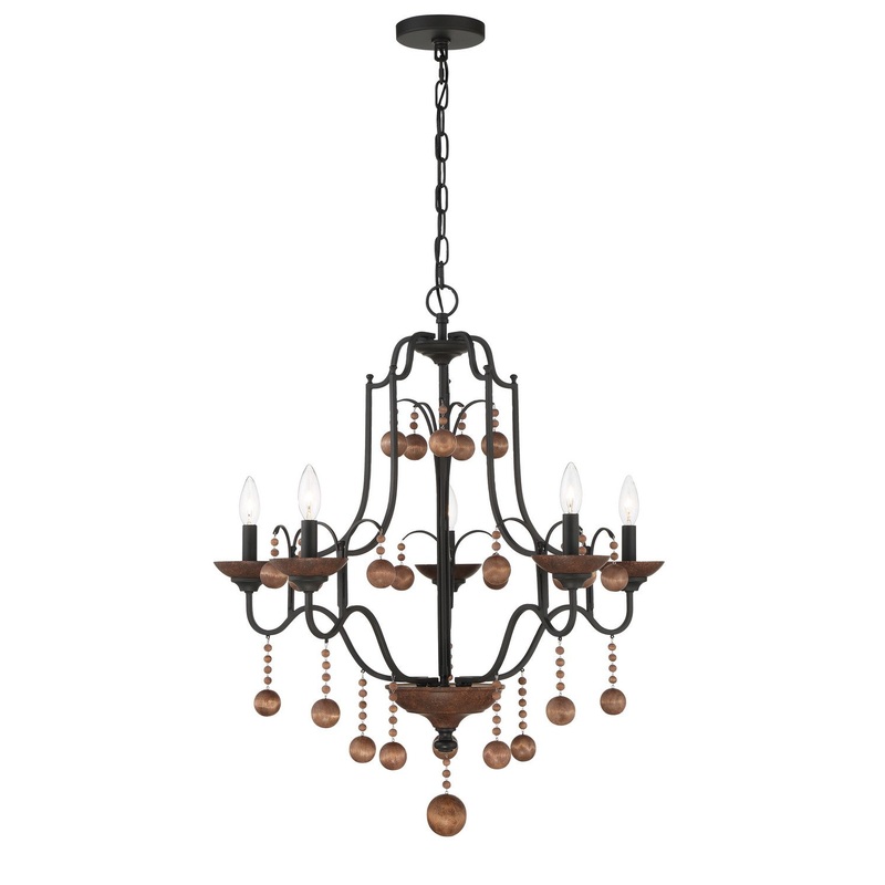 Colonial Charm Five Light Chandelier in Old World Bronze W/Walnut Acce