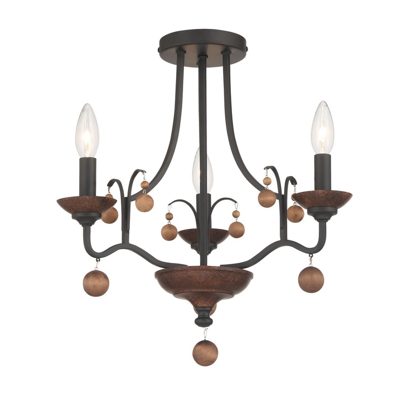 Colonial Charm Three Light Semi Flush Mount in Old World Bronze W/Walnut Acce