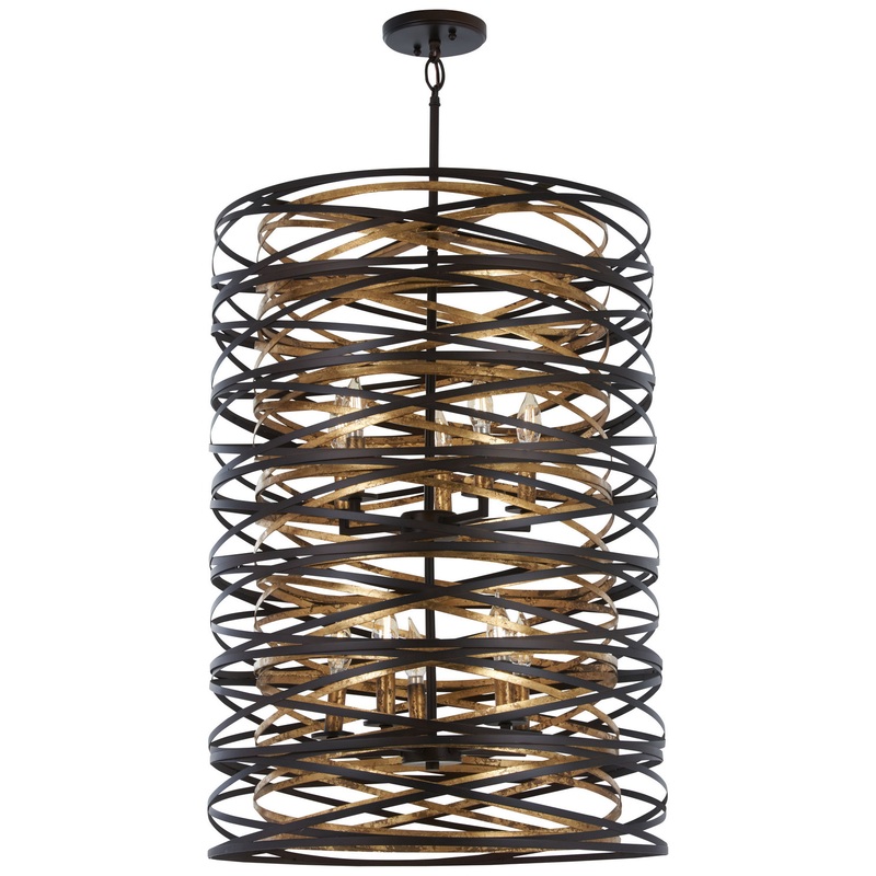 Vortic Flow Ten Light Pendant in Dark Bronze W/Mosaic Gold Inte