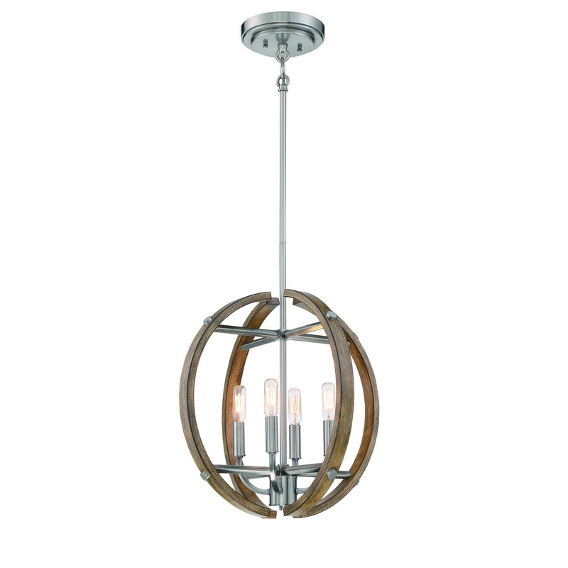Country Estates Four Light Pendant in Sun Faded Wood W/Brushed Nicke