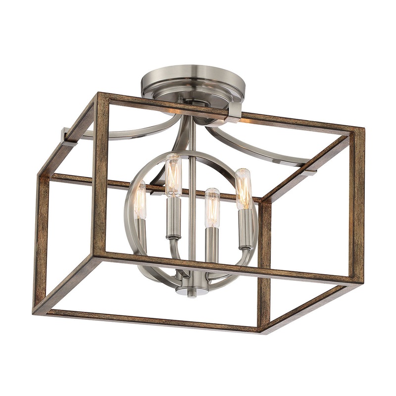 Country Estates Four Light Semi Flush Mount in Sun Faded Wood W/Brushed Nicke