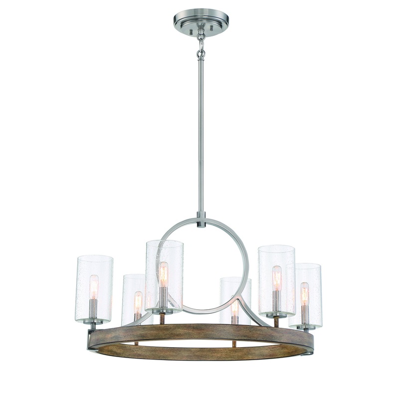 Country Estates Six Light Chandelier in Sun Faded Wood W/Brushed Nicke