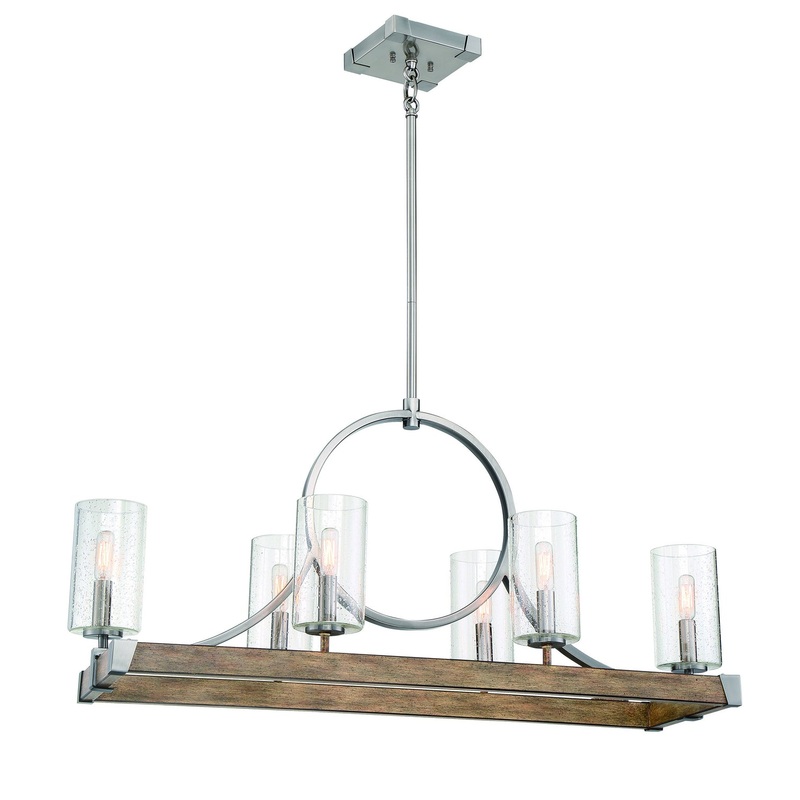 Country Estates Six Light Island Pendant in Sun Faded Wood W/Brushed Nicke