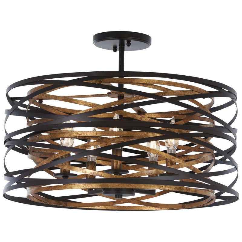 Vortic Flow Five Light Semi Flush Mount in Dark Bronze W/Mosaic Gold Inte