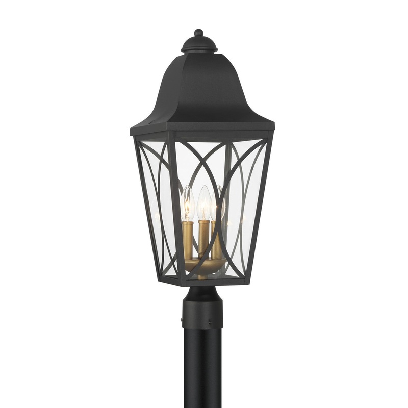 Cardigan Three Light Outdoor Post Lantern in Sand Coal And Olden Brass