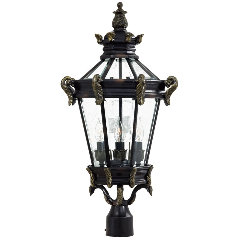 Stratford Hall Four Light Post Mount in Heritage W/ Gold Highlights