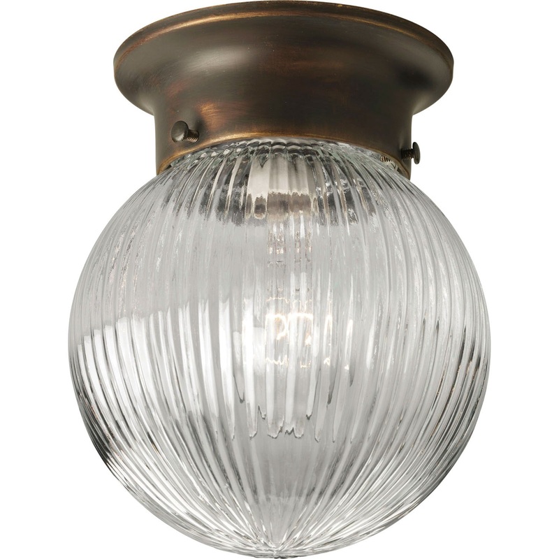 Globe - Clear Ribbed One Light Flush Mount in Antique Bronze