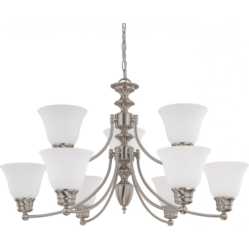 Empire - 9 Light 2 Tier Chandelier with Frosted White Glass - Brushed Nickel Finish