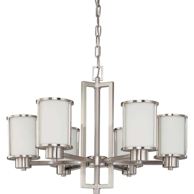 Odeon - 6 Light (convertible up with down) Chandelier with Satin White Glass - Brushed Nickel Finish