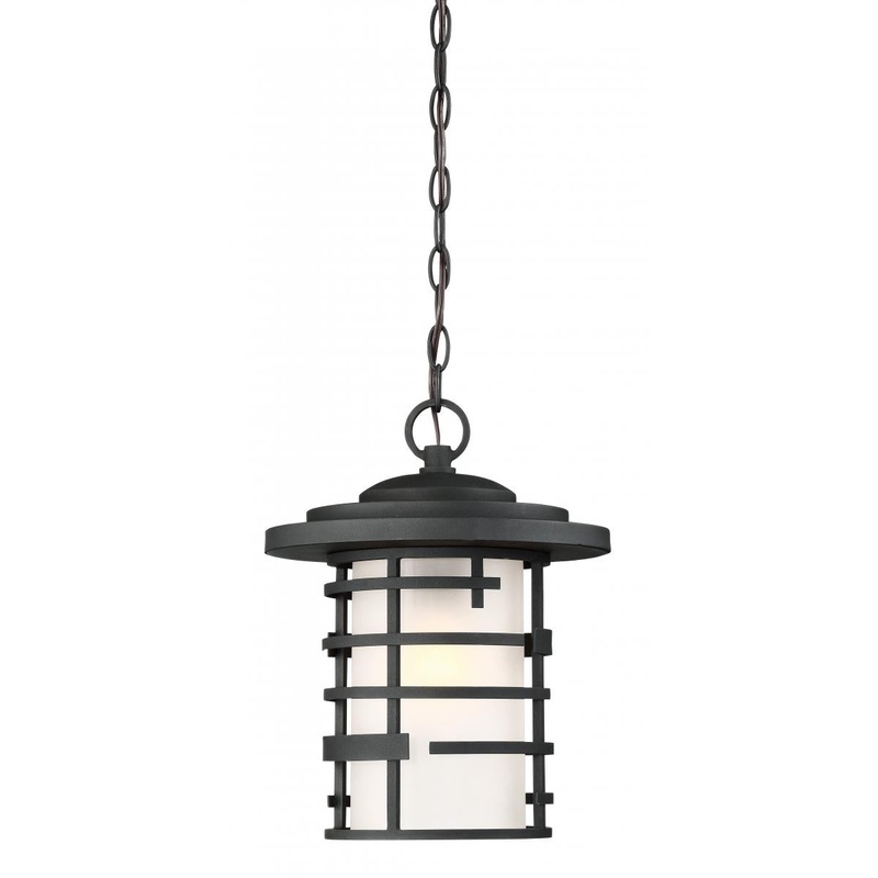 Lansing - 1 Light 14" Hanging Lantern with Etched Glass - Textured Black Finish
