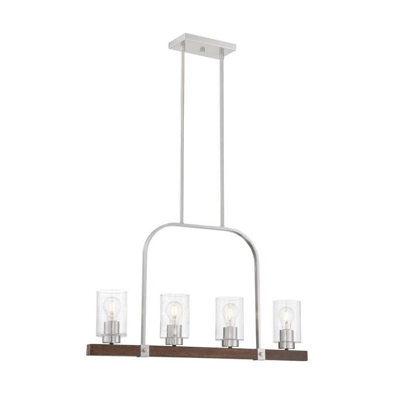 Arabel - 4 Light Island Pendant - with Clear Seeded Glass -Brushed Nickel and Nutmeg Wood Finish