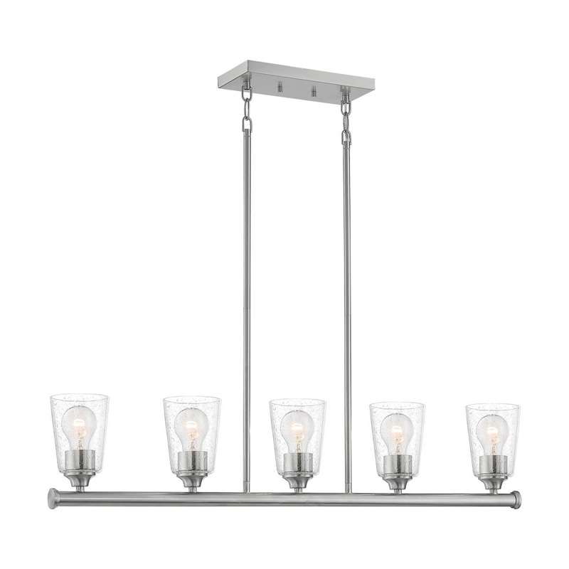 Bransel - 5 Light Island Pendant with Seeded Glass - Brushed Nickel Finish