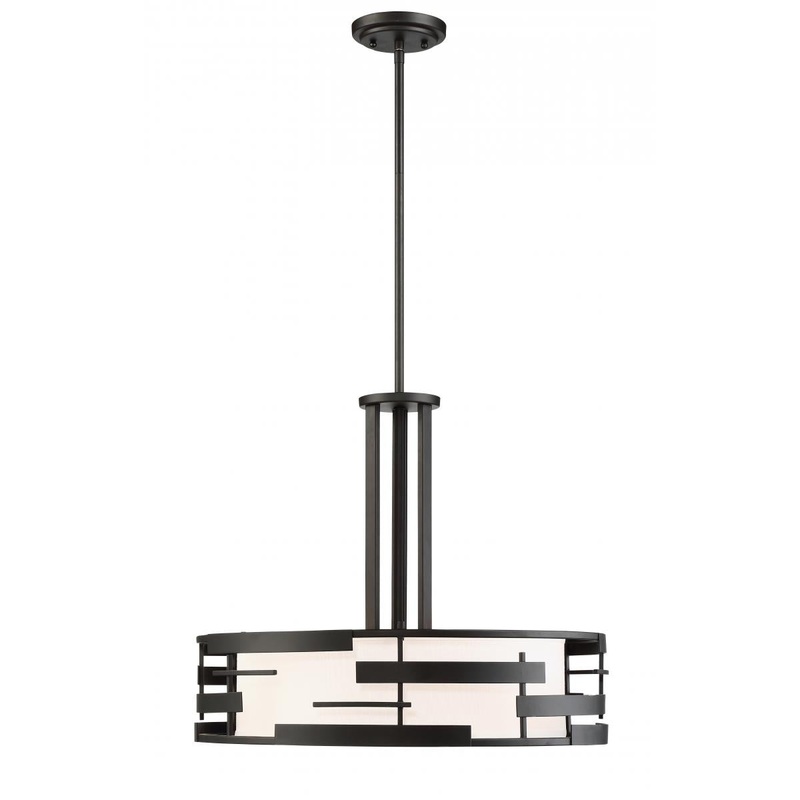 Lansing - 3 Light Pendant with White Fabric Shade & Opal Diffuser - Midnight Bronze Finish