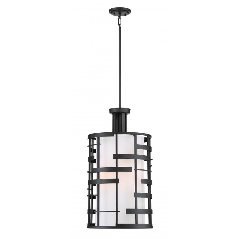 Lansing - 4 Light Pendant with White Fabric Shade & Opal Diffuser - Midnight Bronze Finish