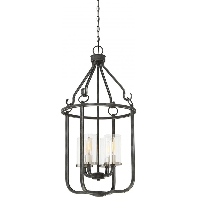 Sherwood - 4 Light Caged Pendant with Clear Glass -Iron Black Finish with Brushed Nickel Accents