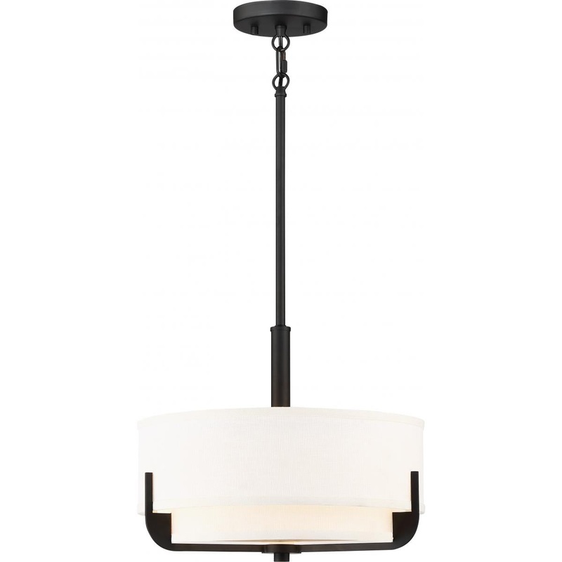 Frankie - 3 Light 14" Pendant with Cream Fabric Shade & Frosted Diffuser - Aged Bronze Finish