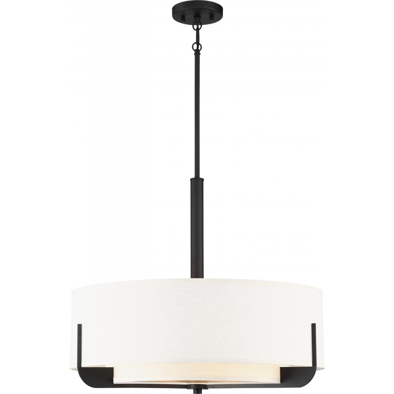 Frankie - 4 Light 24" Pendant with Cream Fabric Shade & Frosted Diffuser - Aged Bronze Finish