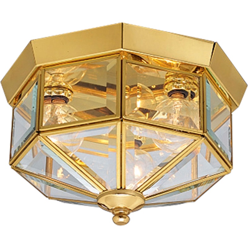 Beveled Glass Three Light Flush Mount in Polished Brass